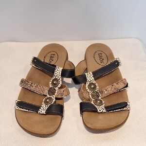 Taos Black Exotic Multi and Tan Animal Print Leather Sandals Size 7